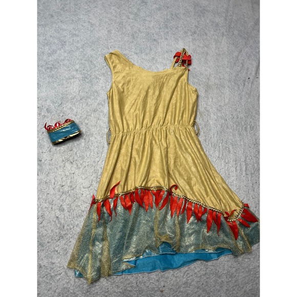 Disney Pocahontas Costume Dress Girls Size 9/10 Tan Turquoise Gold with Arm Cuff - Picture 3 of 3